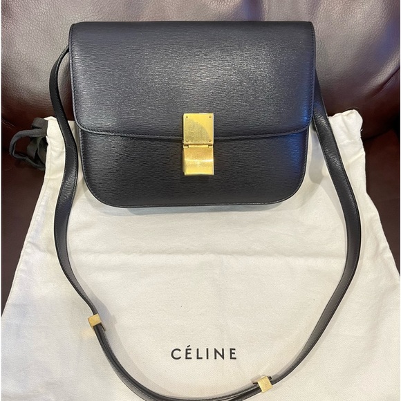Celine Classic Box Triomphe Medium Calf leather black flap bag canvas handbag - Picture 1 of 16